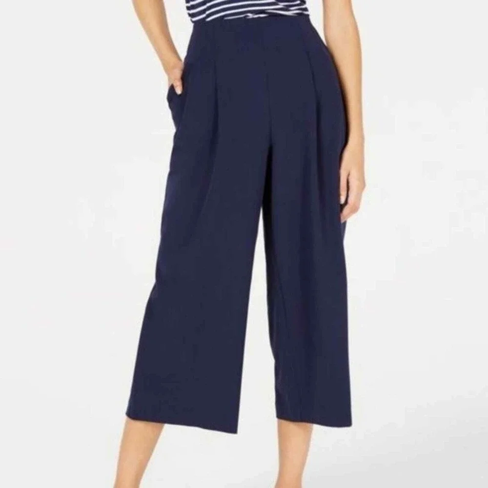 Maison Jules Pants Womens 10 Navy Blue Cropped Wide Leg Trousers High Waist NWT‎